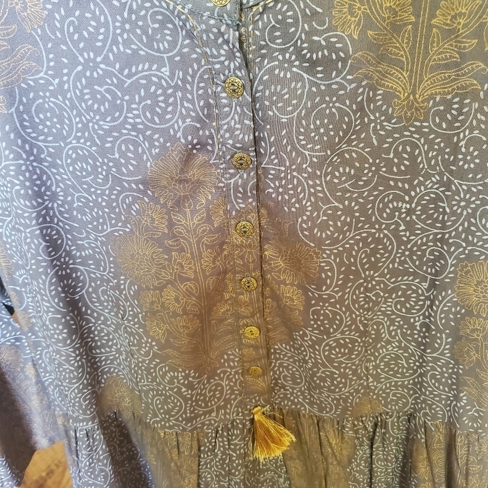 Melange Lifestyle Blue Gold Block Print Viscose Maxi Dress Tassel Pockets XL - Picture 6 of 13